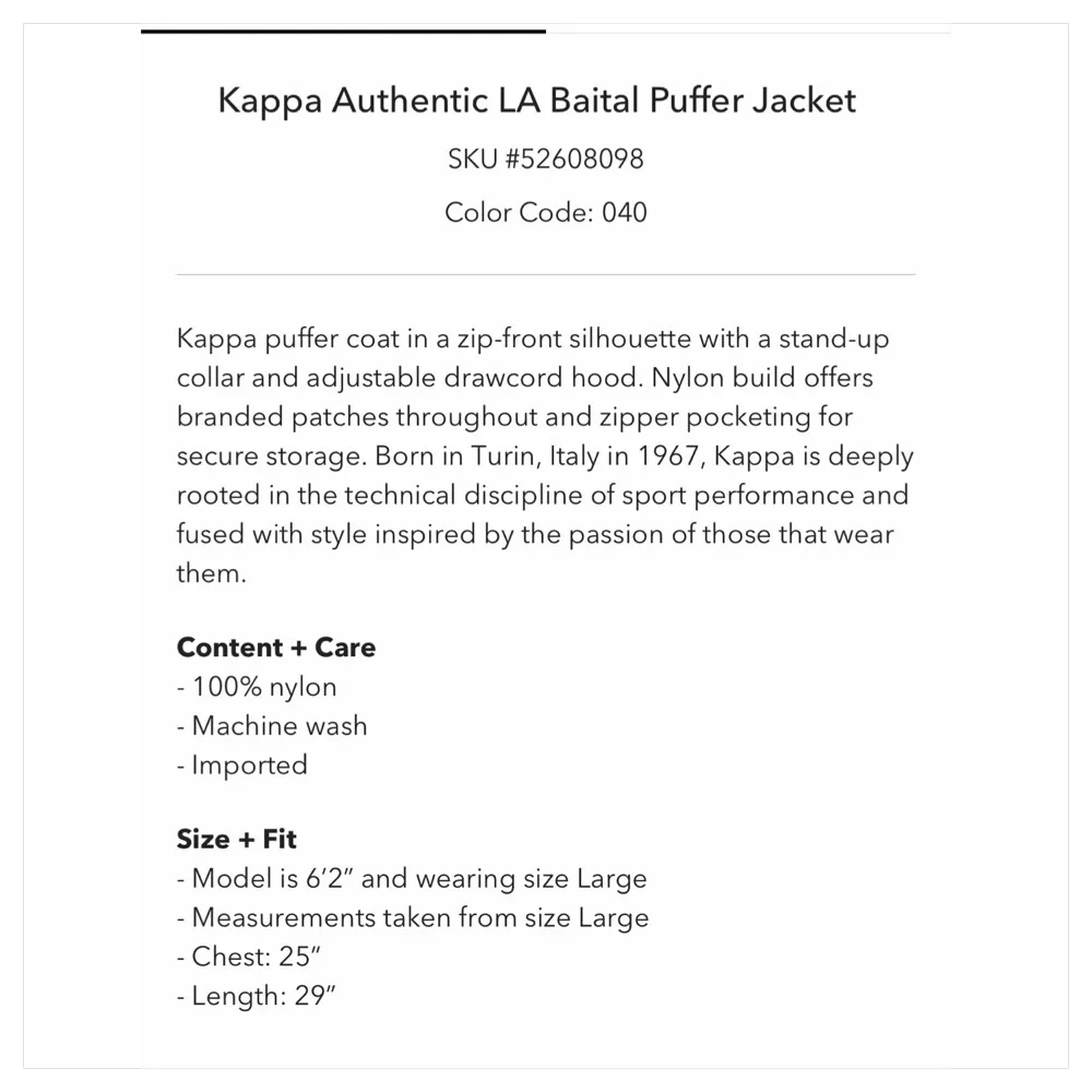 Kappa Authentic LA Baital Puffer Jacket S - Picture 7 of 7